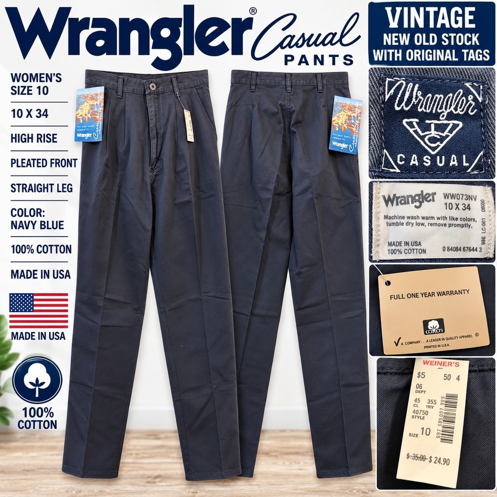 Vintage Wrangler Casual Pants Navy Blue High Rise Pleated Cotton USA Made 10x34